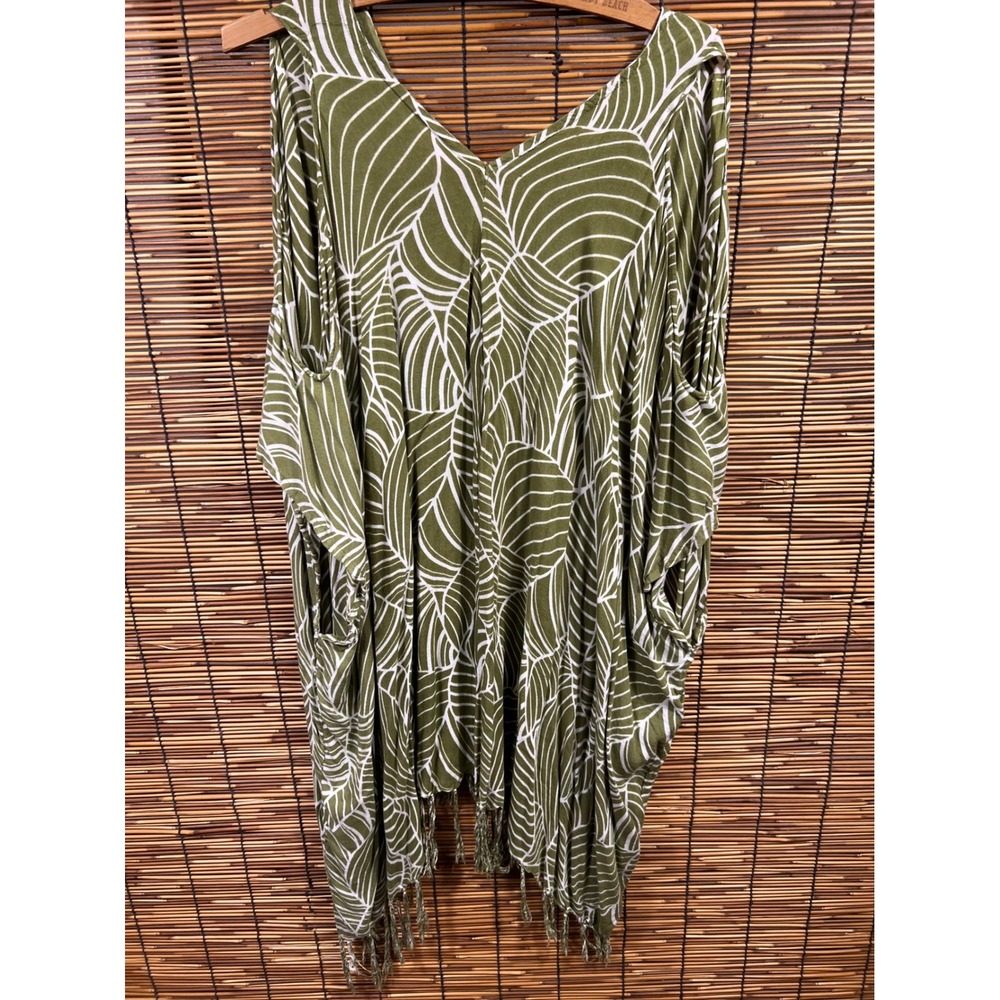 Rayon Tropical Poncho Top Olive Green Leaf Print Fringe Trim Lightweight